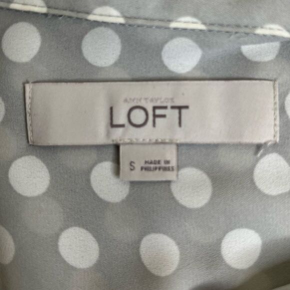 Loft Ann Taylor Gray Polka Dot Button Front Blouse Peter Pan Collar Women Small - Picture 6 of 10